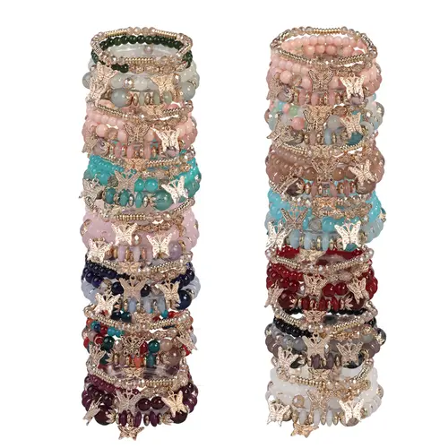 Women's 8pcs(2 Sets)/24pcs(6 Sets) Multi-Layer Glass Beaded Bangles Bracelets - Color Bead Mix, Butterfly Decor, Metallic Shine, Wrist Stack, Casual Daily Wear, Jewelry for Women, Girly Feminine Items, Whimsical Accessories, Romantic Gifts for Girlfriend