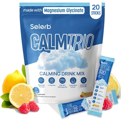 CalmTrio Cutting Drink Mix - Magnesium Glycinate, L-Theanine, KSM-66 Ashwagandha, Lemon Balm, Vitamin D3, B6 | Supplements for Relaxation, Focus & Calm - Raspberry Lemon - 20 Servings