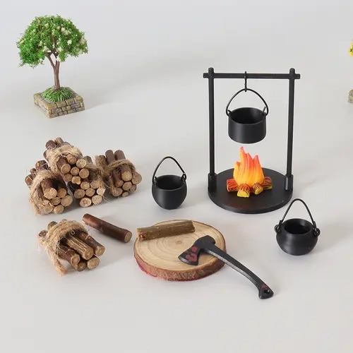 BougeRV Mini Campfire & Teapot Miniature Statue – DIY Craft Dollhouse Desktop Photo Prop, Wood/Plastic/PLA Decor Gift for Home, Kitchen, Office, or Garden Ornaments Whimsy