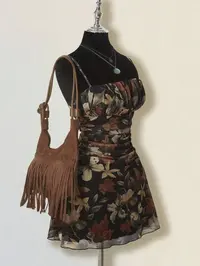 Women's Vintage Maple Leaf Print Floral Ruched Mini Dress Sleeveless, Retro Style Bohemian Dress, Perfect for Spring and Fall, Casual Stylish and Comfortable Dress, Boho Casual Fashion Dress