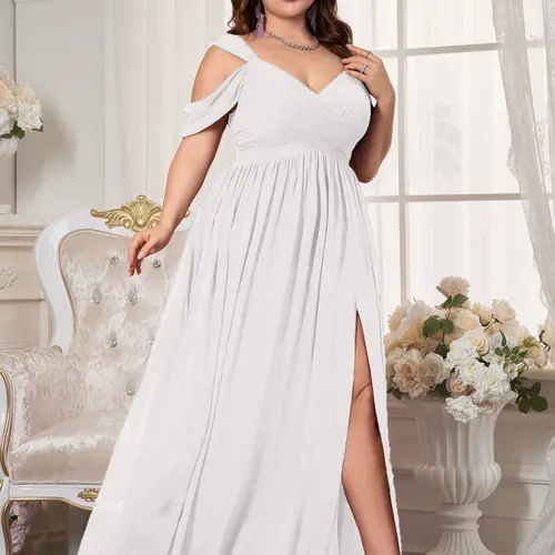 Elegant Chic V Neck Backless Ruched Waist Chiffon Maxi Dress, Womenswear, Formal Gowns, High Slit Bridesmaid Gown, Solid Color Flowy A-Line Dress, Perfect for Weddings