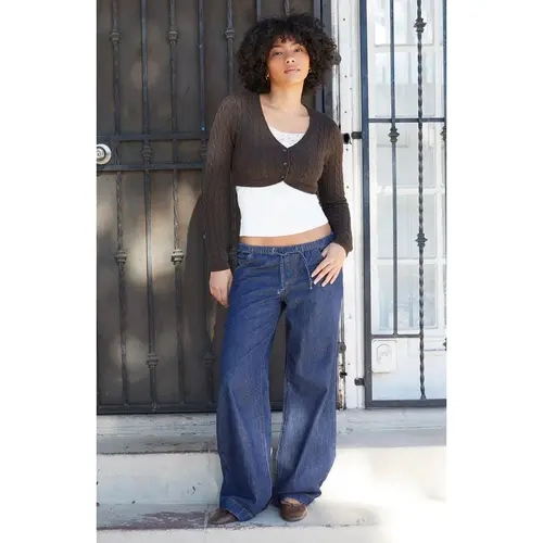 John Galt Women's Brown Cable Knit Cropped Cardigan