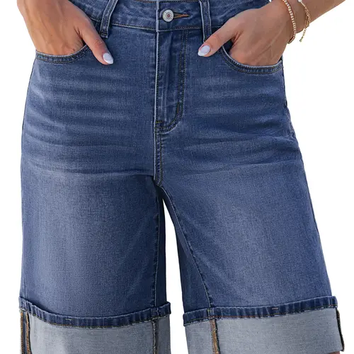 luvamia Jean Bermuda Shorts for Women High Waisted Knee Length Cuffed Long Stretchy Denim Shorts Loose Summer Jorts