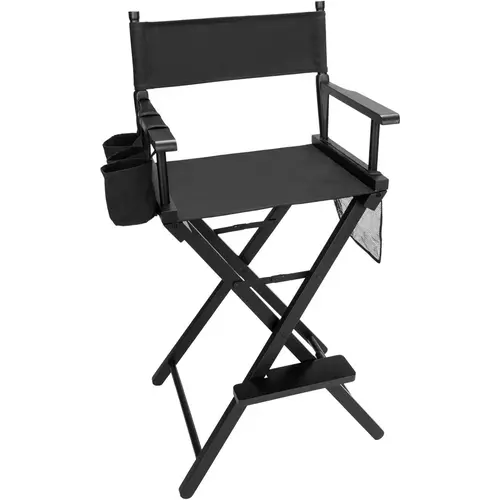 OmySalon Tall Foldable Vanity Artist Makeup Chair - Single Seat Indoor Furniture, High-Strength Frame Lasts, Polyester Black Canvas, Replacement Cover, Storage Bags, Bottle Holder, 13" Footrest Lift, 250lbs Capacity, Easy Storage & Transport