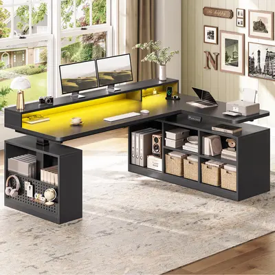 Sedeta 63x39.3in Modern L-Shaped Electric Height-Adjustable Wood-Metal Pegboard Top Gaming Desk, 220 lbs Capacity Wood Workstation with Storage Shelves, Monitor Shelf, RGB Lighting, Built-In Power Outlets, Dual Monitor Compatible Computer Desk