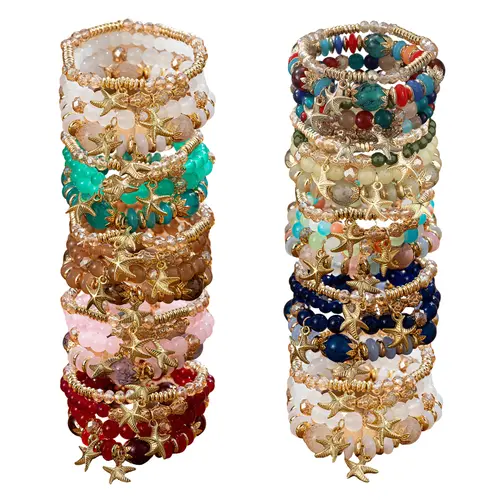 Women's 12pcs(3 Sets)/24pcs(6Sets) Boho Style Bracelet Set - Golden-Tone Starfish, Multi-Layer Luxury Summer Costume Jewelry, Chic Whimsical Accessories, Gift-Ready Set for Daily Wear, Festival Use