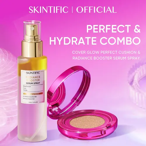 SKINTIFIC 2PCS All-Day Glow & Hydration Makeup Combo - Radiance Booster Serum Spray + Cover Glow Perfect Cushion Poreless Flawless Glow