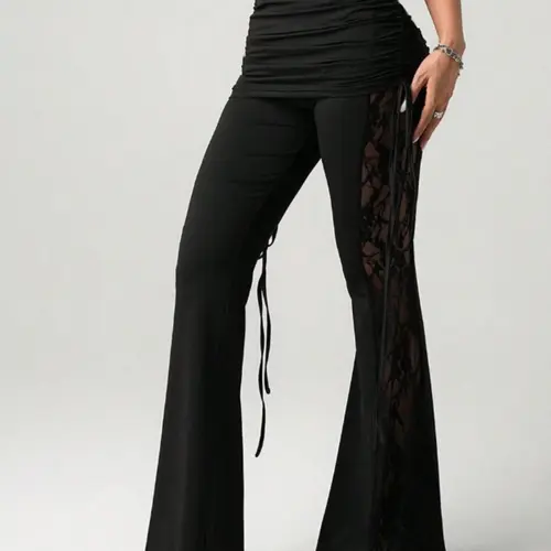 Women's Beach Vacation Sexy Lace Drawstring Bell Bottom Flare Leg Pants, Stylish and Comfortable Fashion Wear