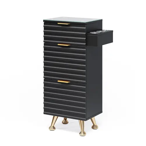 OmySalon Durable Alloy Commercial Salon Table for Hair Stylists - Modern Blister Process Salon Furniture with Heatproof Glass Removable Top, Drawers, Hot Tool Holder, Tool Cabinet, Storage, Easy to Use, Assembly Required