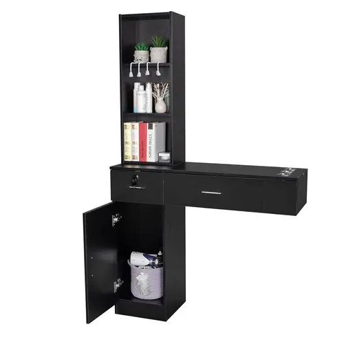 OmySalon 40.6x13.2x66.9" Rectangular Wall-Mounted Commercial Minimalist Salon & Barbershop Station - Sturdy MDF+Alloy Furniture, Easy Install, 2-Drawer Quick Grab Cabinet, 3-Tier Shelf, Hair Dryer Holder, Aluminum Storage for Hair Stylists