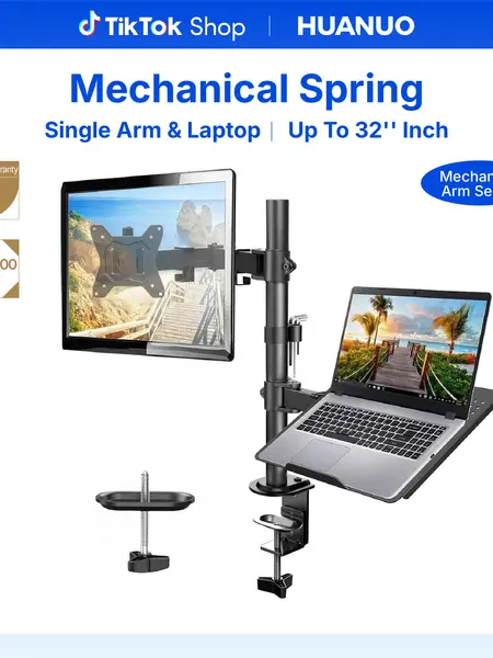 HUANUO 2-in-1 Ergonomic Bracket Mount Office Accessories, Adjustable Single Arm Desk Mount with Laptop Tray, Fits 32-in Screen & 17-in Laptop, 22 lbs Capacity, Dual Monitor Setup Compatible, Easy Assembly Required, Heavy Duty