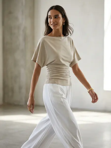 OGL Women's Boatneck Batwing Sleeve Top - Sandwashed Modal Side Ruched Flattering Shirt Quiet Luxury Wrinkle-Resistant Spring Summer summerwins DealsForYouDays