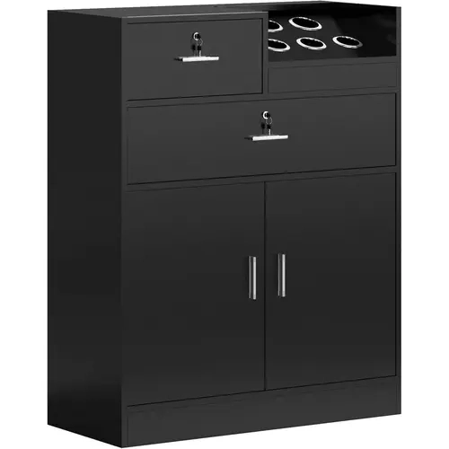 OmySalon Stable Durable Metal Rectangular Salon Storage Cabinet with Lock - 27.6"L x 13.8"W x 39.4"H Modern Commercial Salon Furniture, Beauty Barber Styling Station Organizer with 5 Upgrade Alloy Dryer Holders, 2 Locking Drawers, MDF Board, Alloy Handles