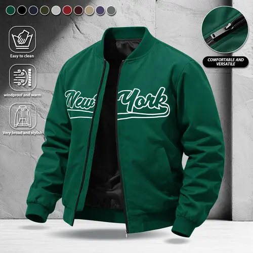 Men's Fitted Woven Casual Fashion Baseball Collar Jacket with New York Letter Print - Suitable for Campus Life, Daily Travel, Spring & Autumn Wear