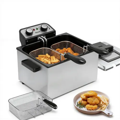 VEXON Durable Stainless Steel 5L High-Heat Fry Deep Fryer - 3 Baskets, 1800W, 21-Cup Capacity, 120V Plug, Oil Tank, Heat-Insulated Handles, Quick Wipe-Clean Body, Viewing Window, No Splashes Kitchen Appliance for Home Meals, Game Day Use
