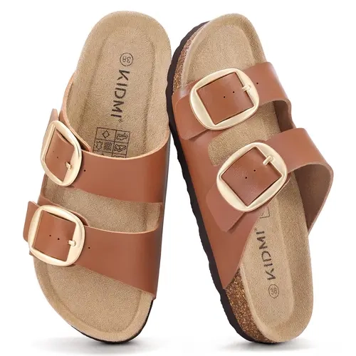 KIDMI Women's Cork Footbed Slide Sandals Comfortable Arch Support Outdoor Sandal with Big Adjustable Buckle for Summer