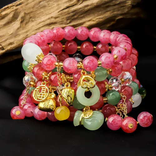 5pcs Mix Pink Handmade Beaded Pendant Bracelet Set Suitable For Women's Daily Wear