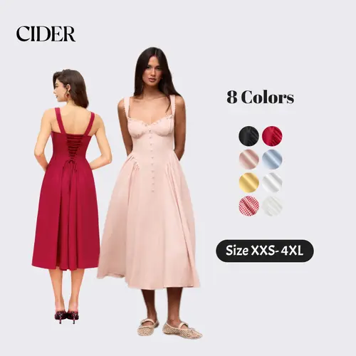 Cider Maxi Dress – Women's Daily Casual Ruffled U-neckline Lace Up Back Fixed Straps A-line Flared Cotton Blend Dress - Balletcore Aesthetic Romantic Date Picnic Gown for