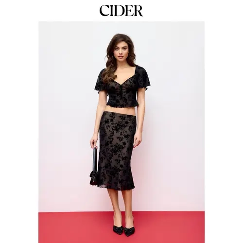 Cider Mesh Sweetheart Floral Lace Ruffled Top & Lettuce Trim Mermaid Maxi Skirt Set