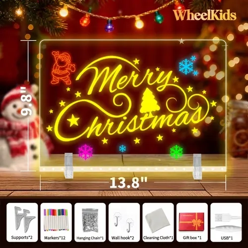 WHEELKIDS LED Light Up Drawing Board - 13.8x10.3 In Adjustable Brightness Acrylic Dry Erase Note Board with 2 Easels, 1 USB-C Cable, 1 Cleaning Cloth, Markers, Office/Room Decor Gift, Creativity Toy, Light Up Letters Kit