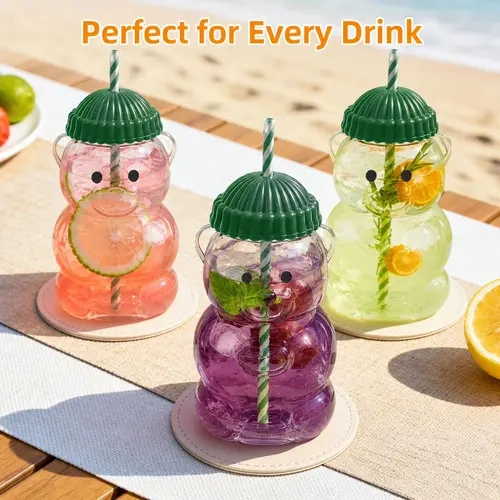 20oz Bear Glass Tumbler with Lid & Straw – Cute Iced Coffee Cup Aesthetic, Viral Kawaii Drinkware for Matcha Latte & Summer Drinks