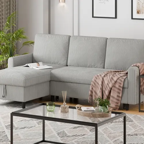 Walsunny Classic Convertible Sleeper Sofa 77" L-Shaped Corduroy Fabric Pull Out Couch with Hidden Storage for Living Room & Small Spaces SF93N