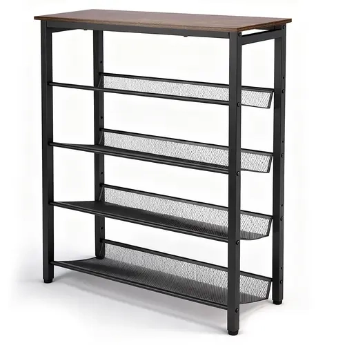 Multipurpose Shoe Rack - 5-Tier Self-Assembled Wooden & Metal Mesh Storage Shelf, Side Table/Plant Stand, 15-20 Pairs Entryway Organizer, Sturdy Waterproof, 300lbs Capacity, 29.5"W Wide Fit, 11.8"D Deep Storage, 36.6"H
