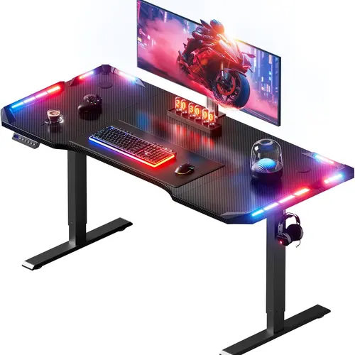 Ecofurnix Adjustable Rectangular Electric Standing Gaming Desk - 160x60cm Black Carbon Fiber Scratch-Resist Coat, LED Lights, 3-Memory Smart Panel, 45dB Quiet Lift, 80 kg Capacity, Assembly Required, Home Office Computer Hub (Desks for Gaming)