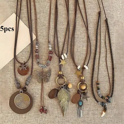 5pcs Bohemian Vintage Necklace Set for Women - Layered Y-Drop Choker with Feather, Leaf, Butterfly & Star Pendants, Maillard Color Palette (Brown/Black/Blue/Green/Red) - Elegant Everyday & Party Jewelry Gift for Birthdays, Anniversaries