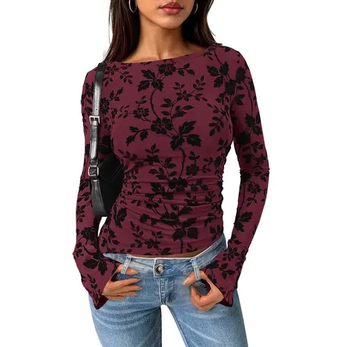 PrettyGarden Womens' Long Sleeve Floral Mesh Tops Blouse Spring&Fall Trendy Boat Neck Ruched Fitted Shirt Going Out Date Outfits
