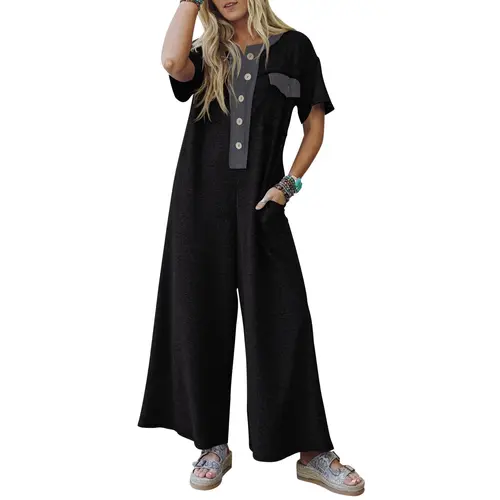 Fisoew Women's Casual Loose Short-Sleeve Jumpsuits - V-Neck, Button-Down, Wide-Leg Long Pant Overalls with Front and Side Pockets, Colorblock Design for Summer Party Wear #Springtok #TikTokShopJumpstartSale