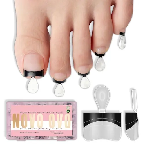 NOVO OVO Half Cover Press On Toenails - Black French Tip Soft Gel with Auxiliary Line, Sharp Square Medium Wide, 15 Sizes 240 Pcs Multi-Pack for Acrylic Pedicure (Nail Art Decoration Accessories), Half Cover Toe Nail Tips Black French Tip