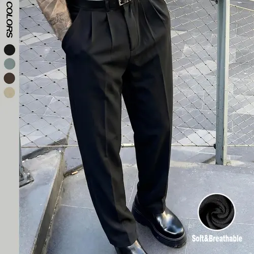 Men's Loose Fit Solid Color Classic Formal Dress Pants with Elastic Natural Waist and Wide-Leg Draped Design, Suitable for Business and Daily Wear