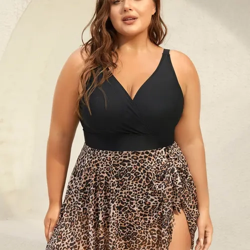 BloomChic Leopard Print Knotted Surplice Swim Dress 【M-6XL】