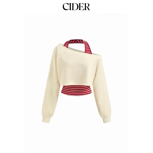 Cider 2-Piece Terry Asymmetrical Neck Crop Sweatshirt With Striped Tank Top