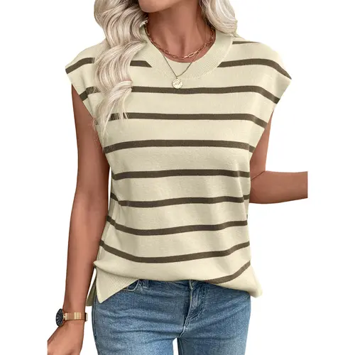 EVALESS Women's Casual Striped Knit Tank Top - Ladies' Essential Everyday Cute Tops for Women, Crewneck, Cap Short Sleeves, Trendy Sweater Vest Style, 2026 Springtok Spring-Summer Fabric Outfits