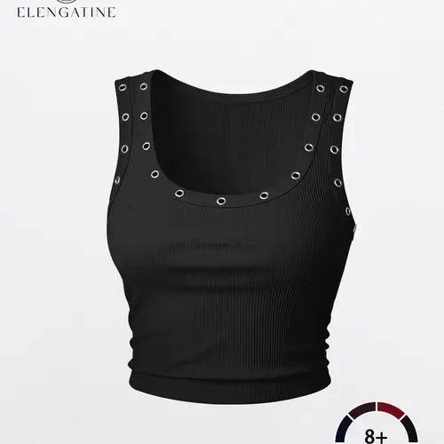 Women's Ribbed Crop Tank Top – Grommet Detail Scoop Neck, Slim Fit Stretch Fabric, Y2K Street Style, Perfect for Casual/Night Out/Festival Looks, Easy to Pair with Jeans or Cargo Pants,summerwins,summeroutfits,vacationoutfits,beachoutfits