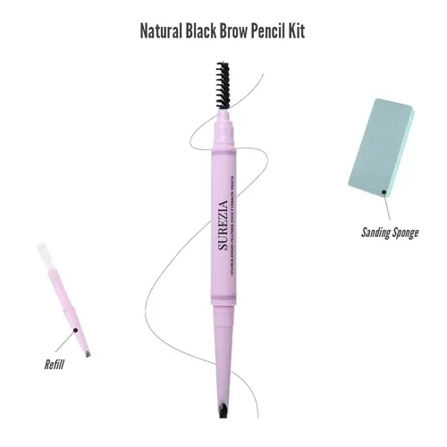Natural Black Only SUREZIA Feather Edge Brow Pencil 3-in-1 Kit (Pencil + Refill + Sanding Sponge) Dual-Effect Tip for Two Looks