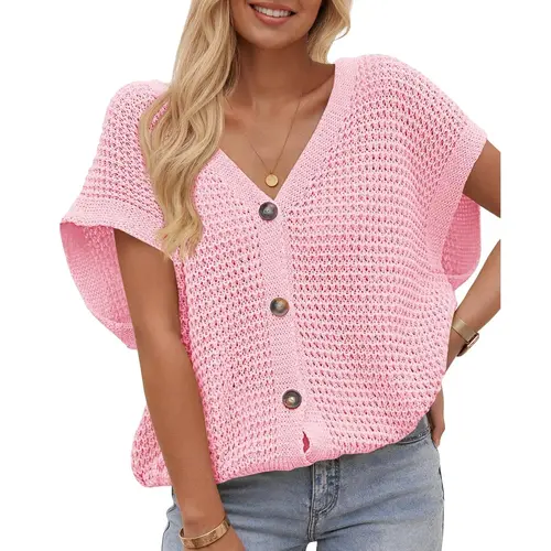 FISOEW Women's Plain Button-Down V-Neck Open-Knit Short-Sleeve Cardigan - Lightweight Hollow-Out Breathable Knitting Fabric Heat-Ready Knit Loose Casual Beach-Themed Women's Cardigans for Summer Vacation Outfits