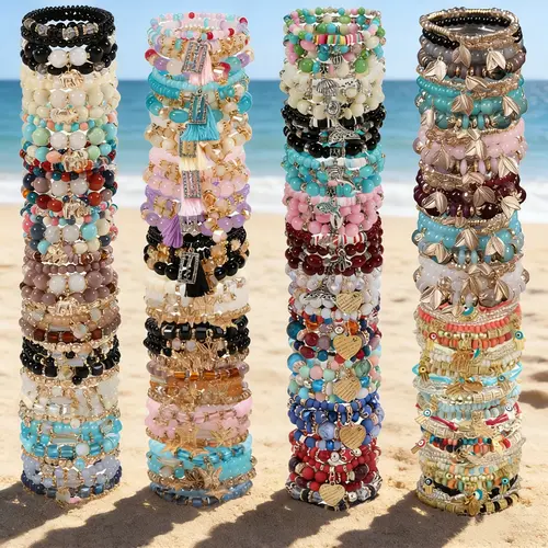 Women's Boho Charm Bracelet Stacks Set - 12/24/36pcs Mixed Color Glass Beads, Alloy Charms (Heart/Butterfly/Elephant), All-Season Versatile Jewelry for Women, Valentine's Day Pick, Cute Girly Gifts for Girly Girls, Gift Set
