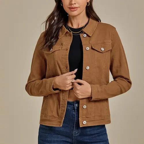GRAPENT Women's Retro Stretchy Button-Down Collared Jean Jacket - Fashionable Outerwear, Longsleeves Fitted Casual OOTD Top, Plain Solid Vibe, Machine Washable
