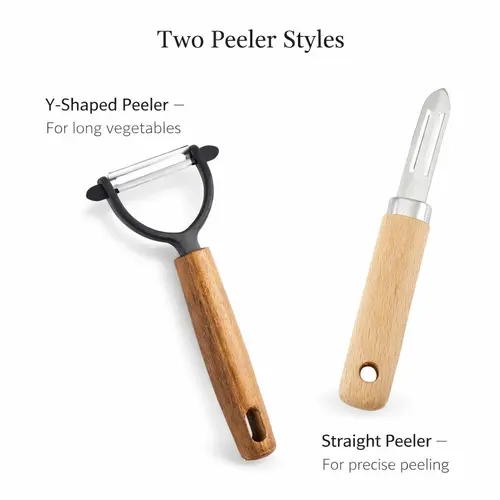 Household 2-Piece Vegetable Fruit Peeler Set - Hanging Y-Shaped & Straight Stainless Steel Swivel Blade Acacia Wood Handle Peelers with Built-In Blemish Remover for Kitchen Prep, Carrot, Potatoes, Hard & Soft Peeling