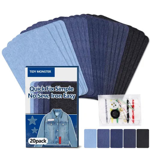 Denim Repair Patches 20 Pcs Iron On No Sew for Jeans 100% Cotton Strong Adhesive Clothing Repair Kit Quick Fix & DIY Decor