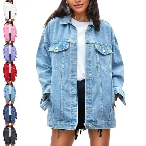 Buenoble Women’s Oversized Mid-Long Denim Jacket Boyfriend Fit Jean Jacket with Pockets Casual Loose Denim Coat