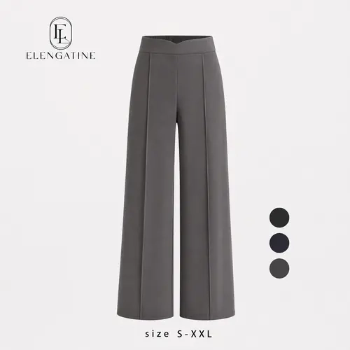 Elengatine Women's Minimalist High-Waisted Straight Leg Knitted Pants - Comfortable, Elastic Waist, Loose Fit Bottoms for Office Casual & Street Style Wear, KBK0003