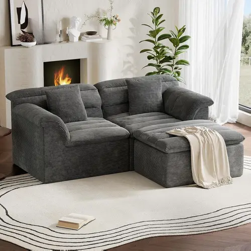 COPIAE L-Shape Sectional Couch with Ottoman, 81-88" Compact Corduroy Fabric Sofa, Boneless No-Frame Design, 30D Foam, 27" Deep Seat, 17.71" Seat Height, Curved Arms, Dual-Layer Upholstered Cushions, No-Assembly Modular 2/L/U Sofa for Apartment Living Room