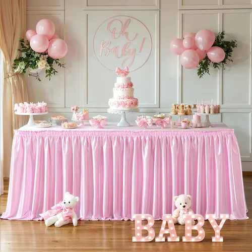 Classic Polyester Satin Pleated Ruffle Table Skirt - Front-Only Coverage for 6/9FT Rectangle & Round Tables, Wrinkle-Free Shiny Home & Party Decoration for Weddings, First Birthday, Anniversary, Baby Shower, Christmas Ceremony