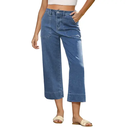 GRAPENT Women's High-Waist Sculpting Denim Capri Pants - Stretchy Straight-Cut, Cotton-Blend with Pockets, Cropped Below-the-Knee Summer Bottoms, Machine-Washable Back-to-School Outfits