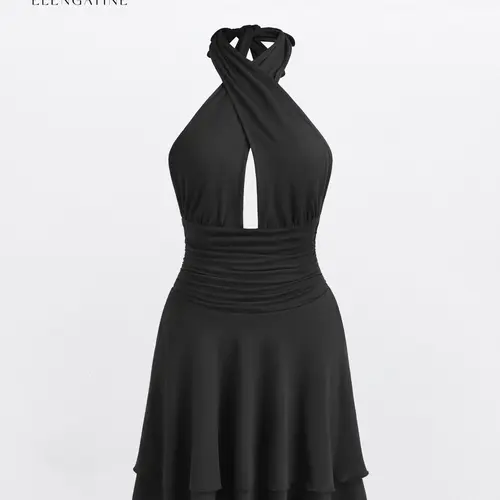 Elengatine Women’s Black Polyester Cross Halter Neck Mini Dress - Tummy Flattering, Sexy Plunging V-Neck, Ruched Waist, Flowy Side-Slit, Slim-Fit Bodycon, Premium Soft Fabric, Elegance-Focused, Cocktail Going Out Outfit, KBL0014, Chic,summeroutfits,vacati