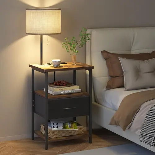 FIXWAL Nightstand with Lights Bedside Table with 3 Color Temperatures Bulb, Night Stand with Charging Station End Table with Adjustable Fabric Drawer for Bedroom Dorm